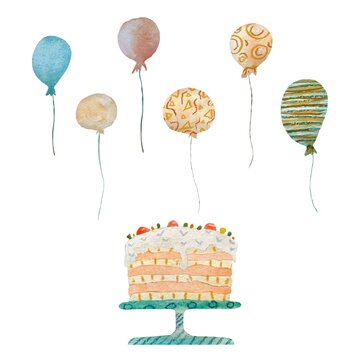 Cake balloon happy birthday textured a watercolor