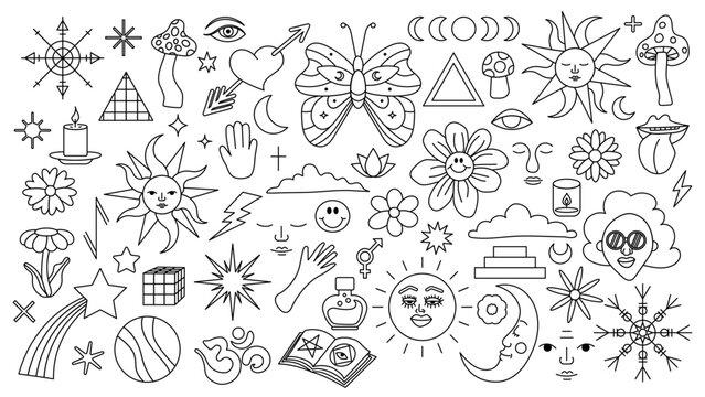 Magic background in retro style with hand drawn elements. Decorative mystical vector isolated pattern. editable stroke stickers. Esoteric element in minimalism. Collection of occult symbols tattoo art