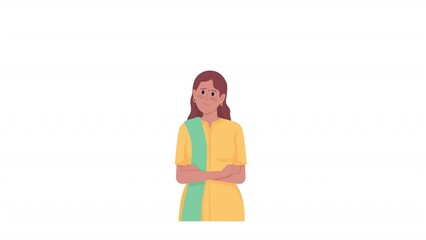 Animated hesitated lady. Confusing woman. Thinking lady. Full body flat person on white background with alpha channel transparency. Colorful cartoon style HD video footage of character for animation