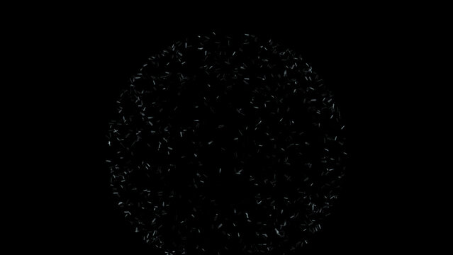 Explosion and shards of glass flying to the sides in the form of a ball on black background. Science concept. Training picture. Broken glass. Educational visual animation. 3d render