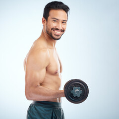 Fototapeta na wymiar Portrait, fitness or man training with dumbbell in workout or exercise in studio for strong arms, biceps or body goals. Muscles, mindset or happy bodybuilder sports athlete weightlifting with mock up