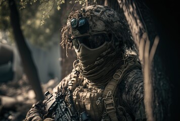 illustration of a soldier in camouflage with rifle	
