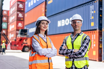 Portrait of Caucasian businessman and woman work in container terminal. 