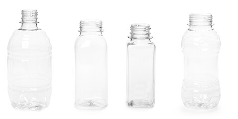 selection of quality photo collage of many different empty plastic bottles isolated on white background. production of new containers