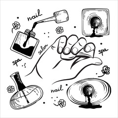 Hand with nail polish bottle, nail polish bottles, spilled nail polish, hand-drawn sketch style doodle elements. Spa. Manicure. Concept of beauty salon and spa treatments. Hand care. Simple vector.