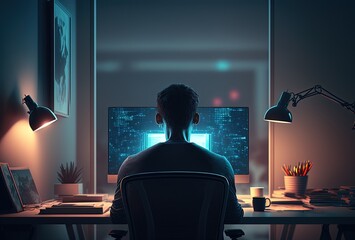 illustration of a programmer seriously working  on computer