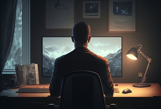 Illustration Of  A Man Working On Computer  At Night Time 