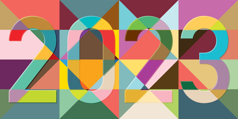 Happy New Year 2023 colorful calligraphy punchy design. Greeting card template.