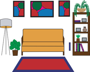 Living room flat illustration. Comfortable sofa and house plants. Vector flat style illustration
