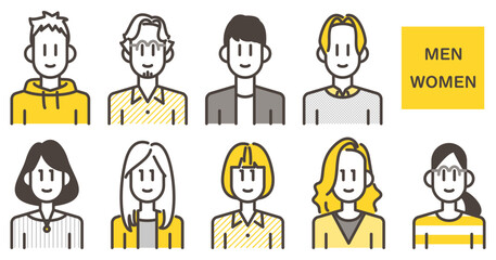 Avatar icon set of young men and women in cute plain clothes [Vector illustration material]