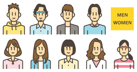 Avatar icon set of cute Japanese men and women in plain clothes [Vector illustration material]