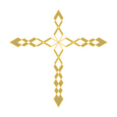 A transparent golden cross shape design element.