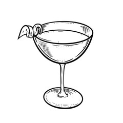 Cocktail in wine glass engraving style black color sketch.