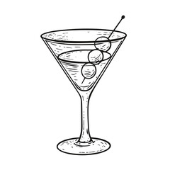 Hand drawn black color martini cocktail engraving style vector art illustration.