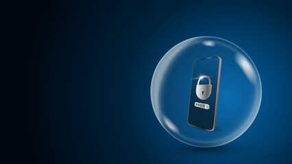 Concept of data protection on a mobile phone. Smartphone is in a glass ball. A lock with a password field on the screen. Realistic 3d vector illustration. Dark blue background