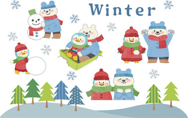 冬の白クマとペンギンのイラスト素材セット　線なし