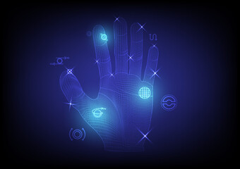 Hi-Tech Hand Abstract Background Nets over and deep, according to the hand, the bright light and the starlight. with multiple elements blue gradient background