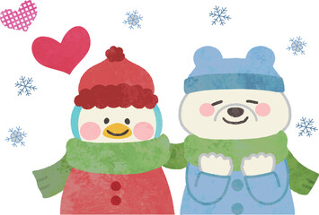 冬の白クマとペンギンのイラスト素材　マフラー