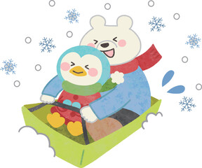 冬の白クマとペンギンのイラスト素材　　ソリ遊び