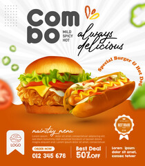 Fried chicken burger and hot dog ads social media post or print template