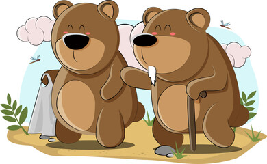 Cute bear cub on a walk with grandfather on a green meadow