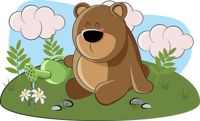cute teddy bear watering flowers from a yellow watering can
