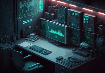 Illustration of computer desk, idea in theme of cyber security guard or system analysis  - obrazy, fototapety, plakaty