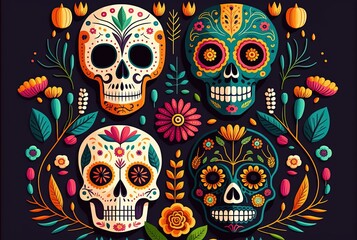 illustration of skull mask with flower decoration, Day of the Dead 