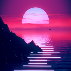 Fototapeta premium A synthwave-style sunset above the reflecting water of the sea, digital art created with Generative AI technology