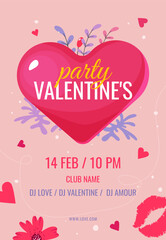 valentines day party poster on pink background with hearts and illustration of heart and twigs with leaves