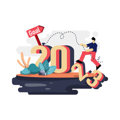 goal in new year 2023 flat illustration, concept of man trying to reach dream in new year. suitable for web and mobile app design