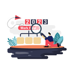 work flow in new year 2023 flat illustration, concept man is making workflow using magnifying glasses in next year. suitable for web and mobile app design