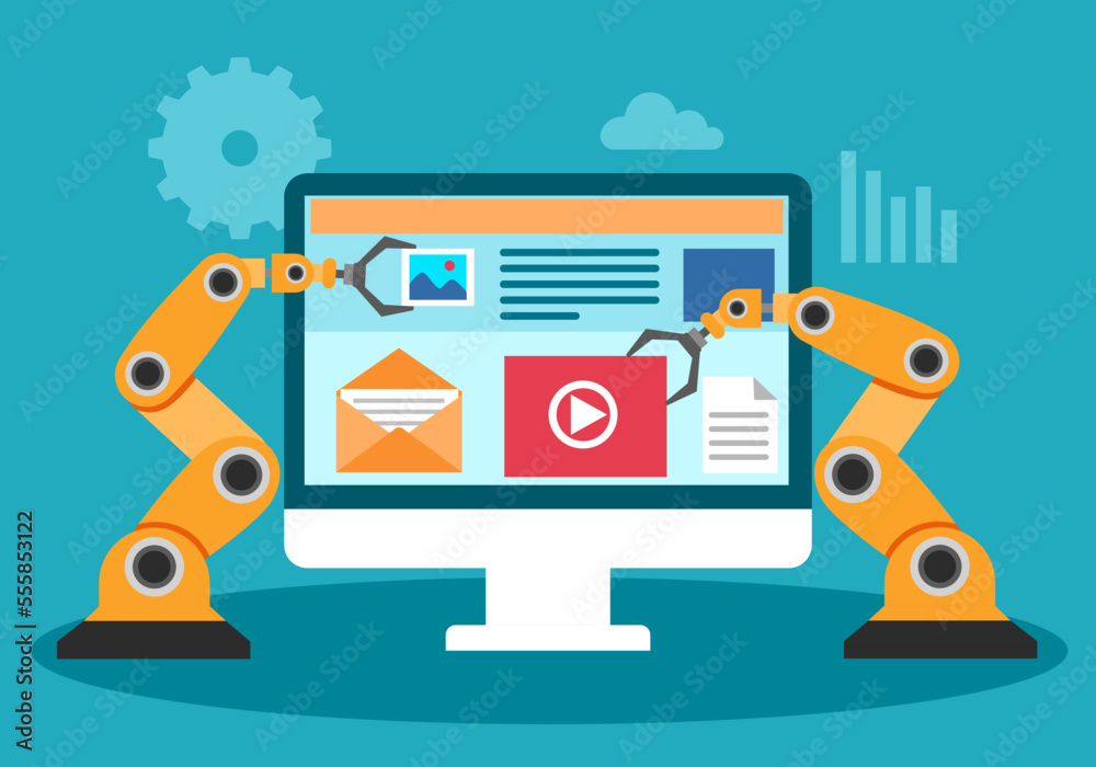 Wall mural robotic process automation on computer in flat design vector illustration.