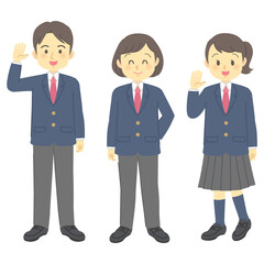イラスト素材：ジェンダーレス学生服のセット（3種類/全身/手足と表情の動きあり）(透過背景)
