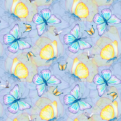 Meadow blue, yellow butterflies watercolor seamless pattern on blue.