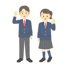 イラスト素材：正面に向かって手を振るブレザー着用の男女の学生（2種類/全身/手足と表情の動きあり）(透過背景)
