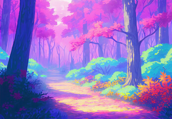Fototapeta premium Fantasy forest with giant trees and road, generative ai illustration
