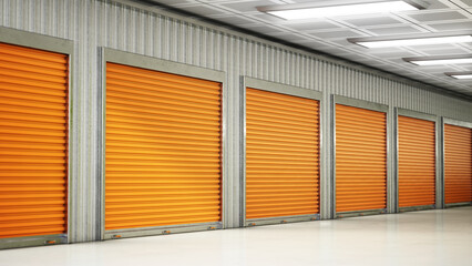Self storage units with closed doors. 3D illustration