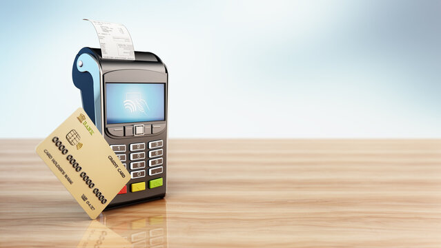POS machine and credit card standing on wooden table. Copy space on the right side. 3D illustration