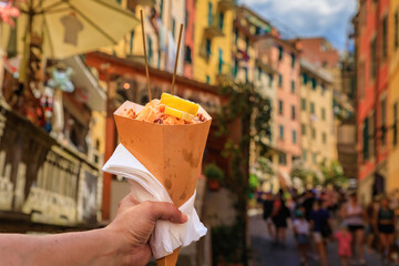 Fried calamari, shrimp in a cone, Italian street food, Riomaggiore Cinque Terre