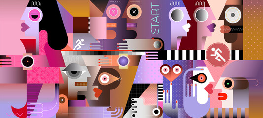 Horizontal abstract graphic illustration of several small groups of run lovers. Neo cubism digital artwork with gradient effect.