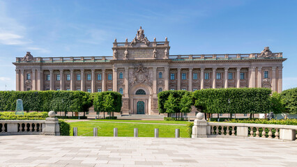 Facade of Riksdagshuset, the Swedish Parliament House, located on the island of Helgeandsholmen,...