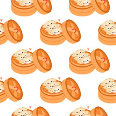 Dumpling and gyoza seamless pattern vector drawing. Traditional Japanese dumplings with funny smiling faces.