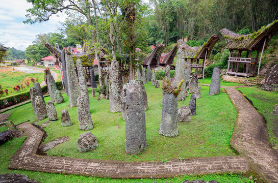 Ceremony site with megaliths. Bori Kalimbuang or Bori Parinding. It is a combination of ceremonial grounds and burials. Tana Toraja. South Sulawesi, Indonesia
