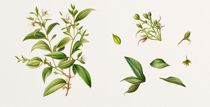 Kalmegh (Andrographis Paniculata). Botanical illustration on white paper. The best medicinal plants, their effects and contraindications. Natural medicine. Plant properties