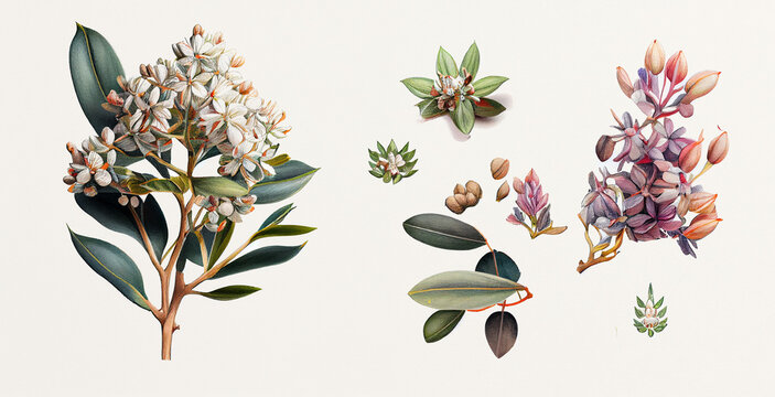 Madar (Calotropis Gigantea). Botanical illustration on white paper. The best medicinal plants, their effects and contraindications. Natural medicine. Plant properties