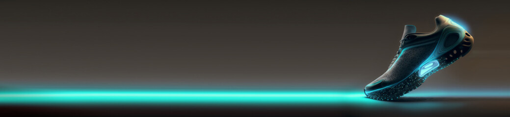 Shoe banner  with blue and green neon, 14000x3238. Generative AI