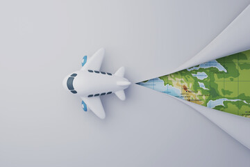 White airplane fly over white paper and rip paper to show world map below, Time to travel, new airway and route of flight concept, 3d render and illustration.