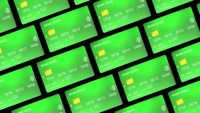 Multiple green bank cards moving animation from top view, Green plastic ATM cards with a chip animation, Isolated green bank cards moving animation, Consumer banking and e-banking