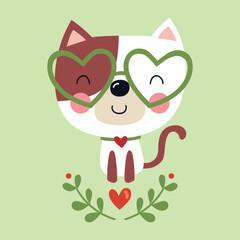 Illustration of a stuffed cat with heart-shaped glasses above some leaves and a heart